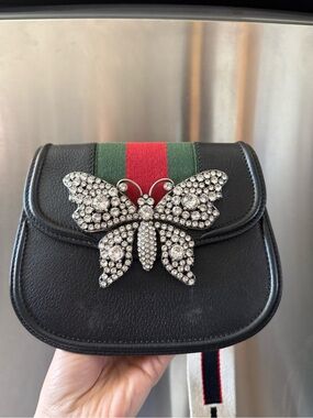 Gucci Black Leather Crossbody with Crystal Butterfly and Green-Red Stripe